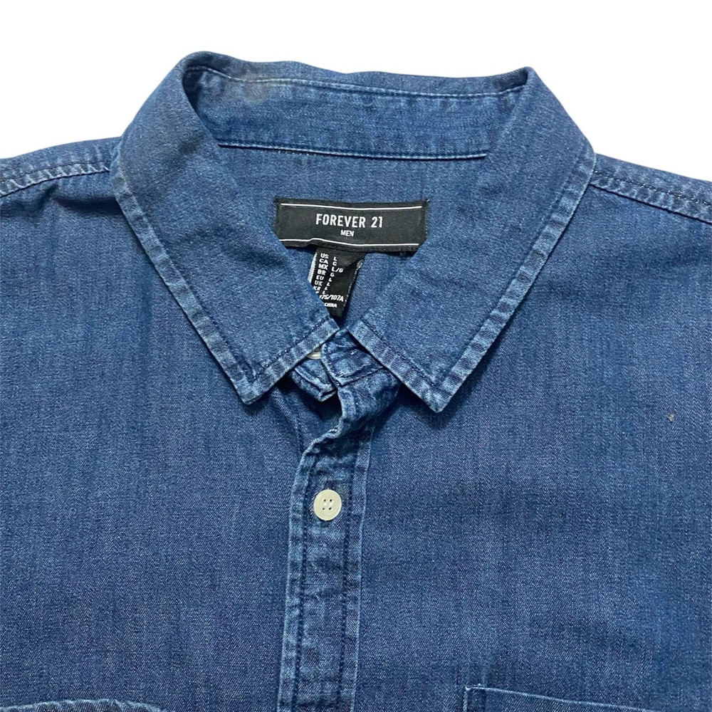 Forever 21 Men’s Dark Blue Denim Button Up Long‎ Sleeve 100% Cotton Shirt Sz L - Picture 3 of 4
